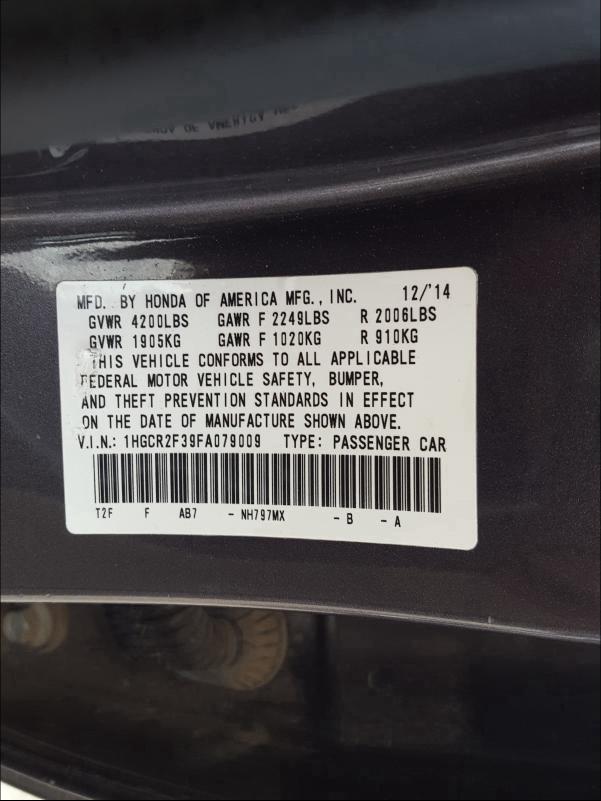 Photo 9 VIN: 1HGCR2F39FA079009 - HONDA ACCORD LX 