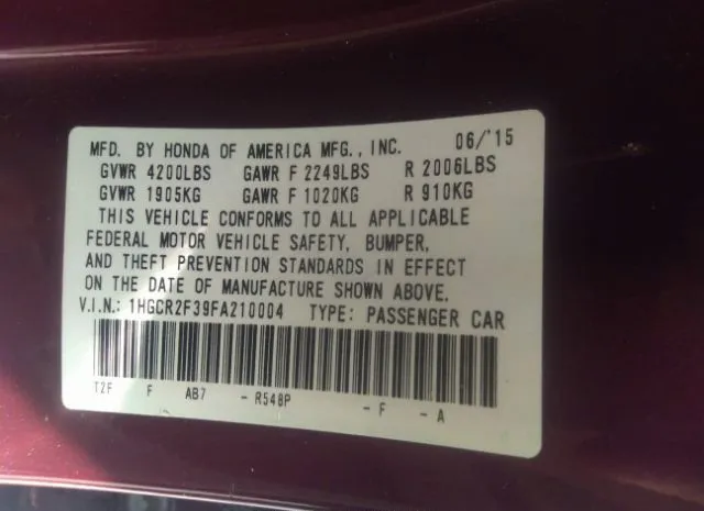 Photo 8 VIN: 1HGCR2F39FA210004 - HONDA ACCORD SEDAN 