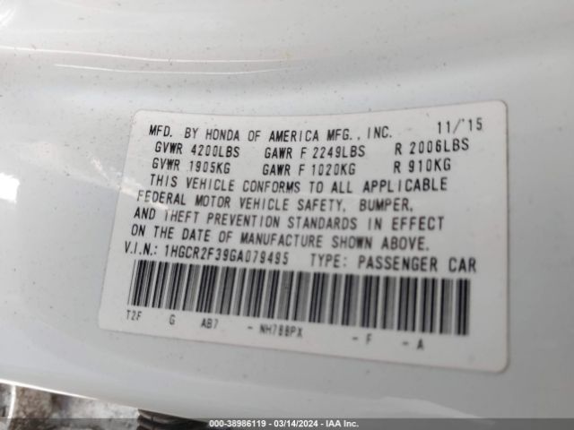 Photo 8 VIN: 1HGCR2F39GA079495 - HONDA ACCORD 