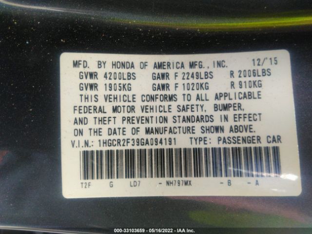 Photo 8 VIN: 1HGCR2F39GA094191 - HONDA ACCORD SEDAN 