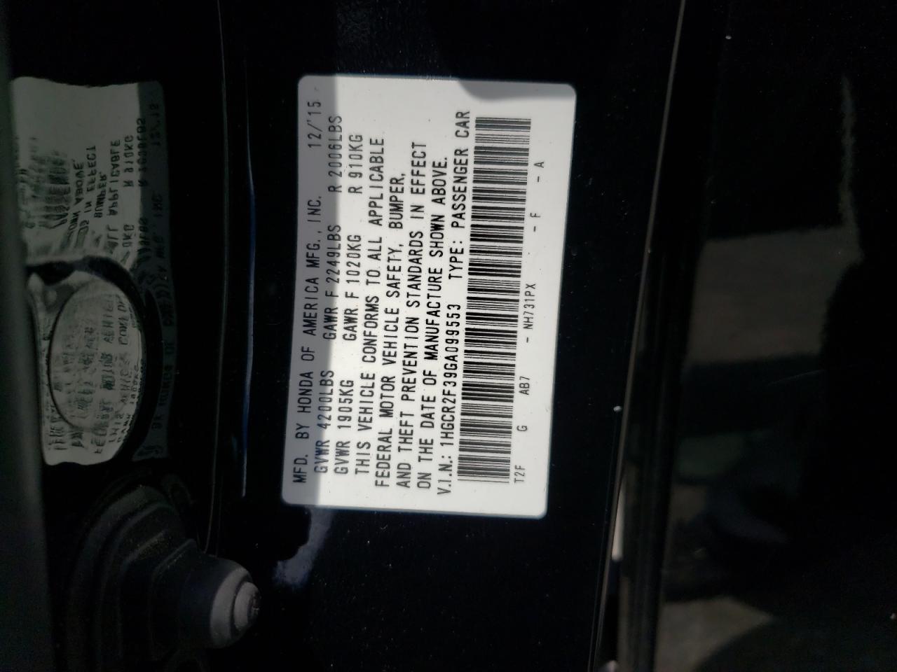 Photo 11 VIN: 1HGCR2F39GA099553 - HONDA ACCORD 