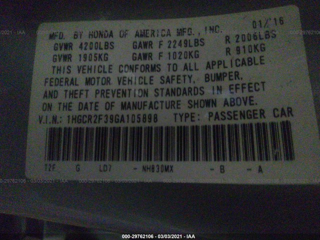 Photo 8 VIN: 1HGCR2F39GA105898 - HONDA ACCORD SEDAN 