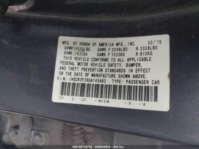 Photo 8 VIN: 1HGCR2F39GA145883 - HONDA ACCORD 