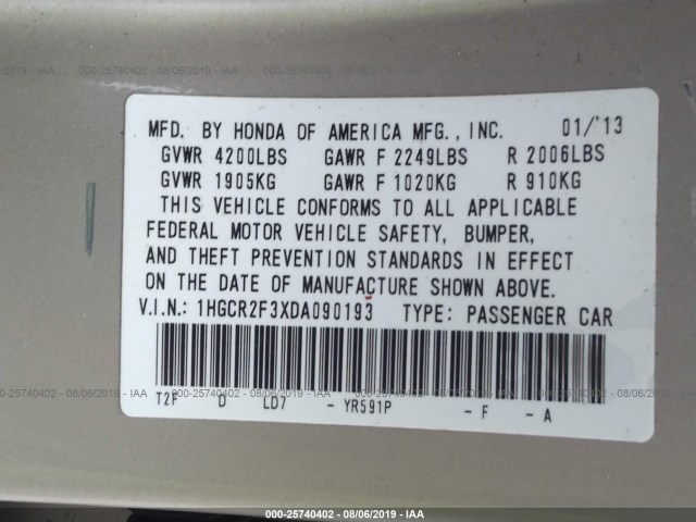 Photo 8 VIN: 1HGCR2F3XDA090193 - HONDA ACCORD SDN 