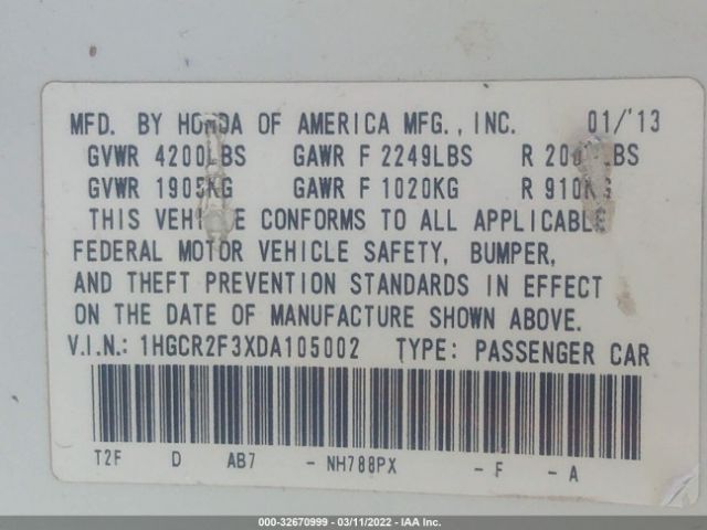 Photo 8 VIN: 1HGCR2F3XDA105002 - HONDA ACCORD SDN 