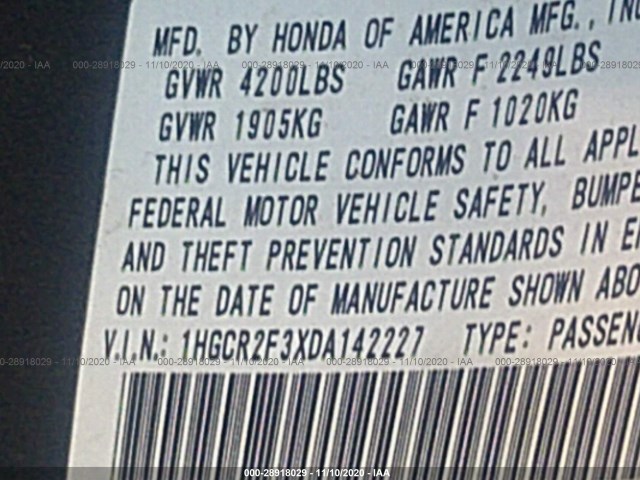 Photo 8 VIN: 1HGCR2F3XDA142227 - HONDA ACCORD SDN 