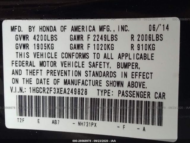 Photo 8 VIN: 1HGCR2F3XEA249828 - HONDA ACCORD SEDAN 