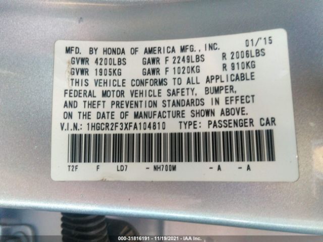 Photo 8 VIN: 1HGCR2F3XFA104810 - HONDA ACCORD SEDAN 