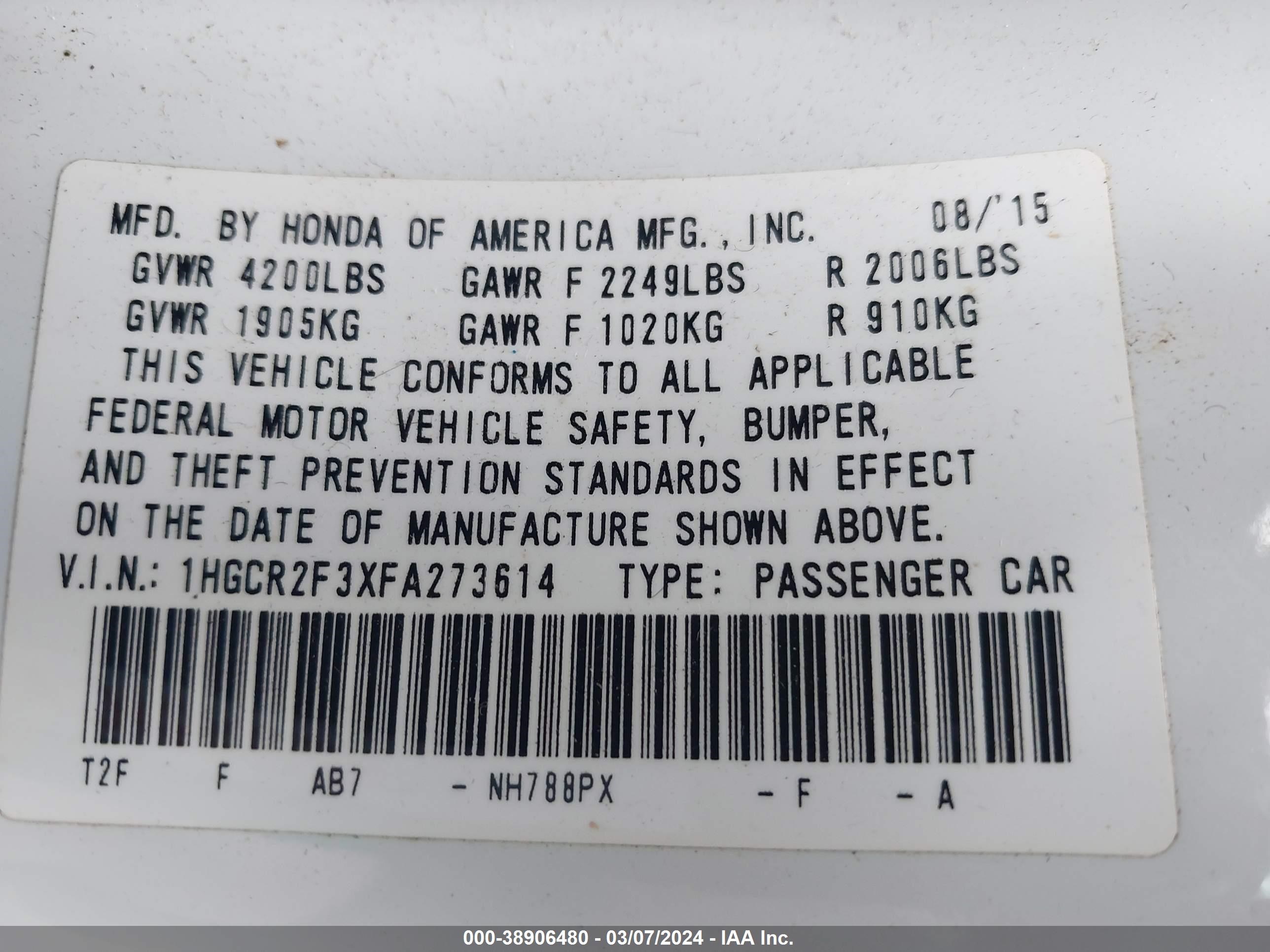 Photo 8 VIN: 1HGCR2F3XFA273614 - HONDA ACCORD 