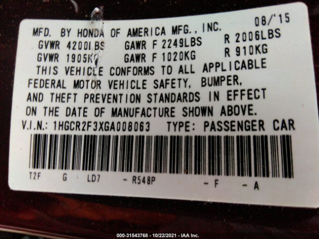 Photo 8 VIN: 1HGCR2F3XGA008063 - HONDA ACCORD SEDAN 