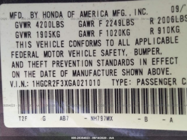 Photo 8 VIN: 1HGCR2F3XGA021010 - HONDA ACCORD SEDAN 