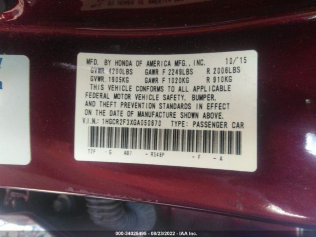 Photo 8 VIN: 1HGCR2F3XGA050670 - HONDA ACCORD SEDAN 