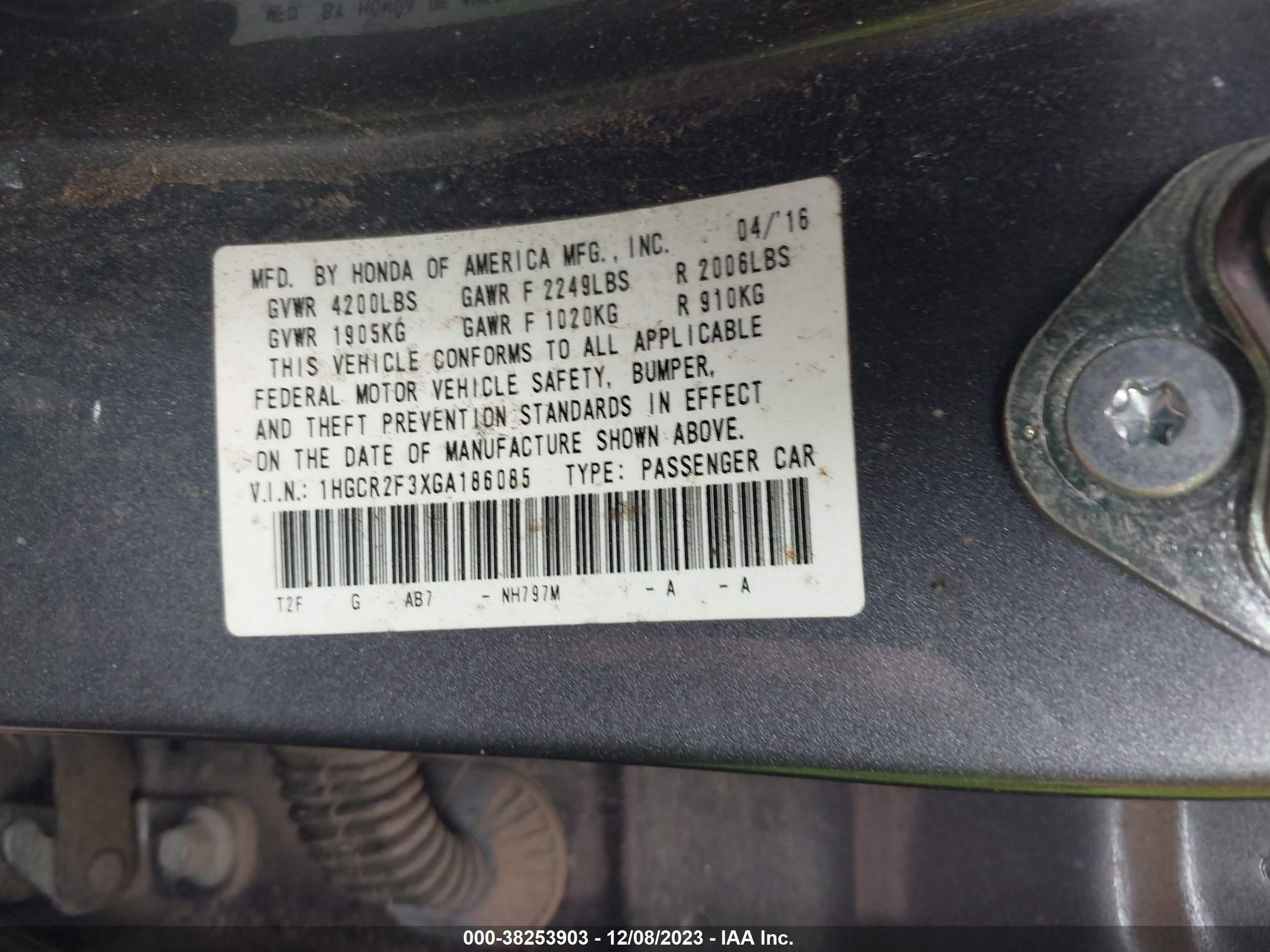 Photo 8 VIN: 1HGCR2F3XGA186085 - HONDA ACCORD 