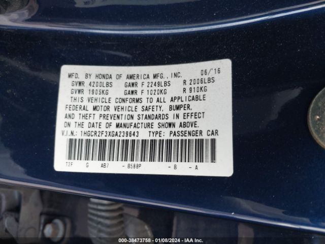 Photo 8 VIN: 1HGCR2F3XGA239643 - HONDA ACCORD 