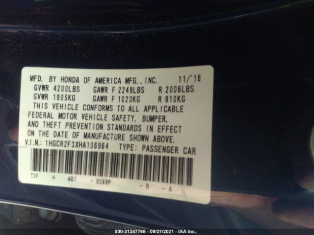 Photo 8 VIN: 1HGCR2F3XHA106964 - HONDA ACCORD SEDAN 