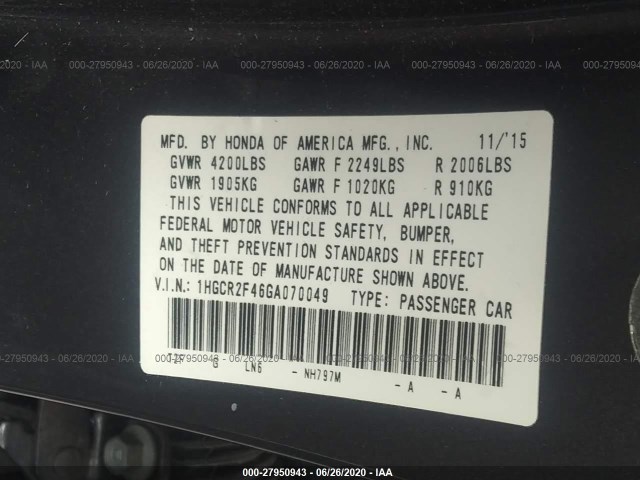 Photo 8 VIN: 1HGCR2F46GA070049 - HONDA ACCORD SEDAN 