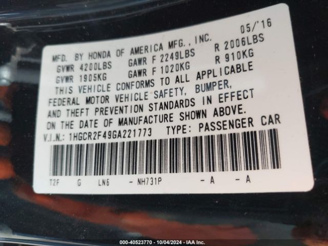 Photo 8 VIN: 1HGCR2F49GA221773 - HONDA ACCORD 