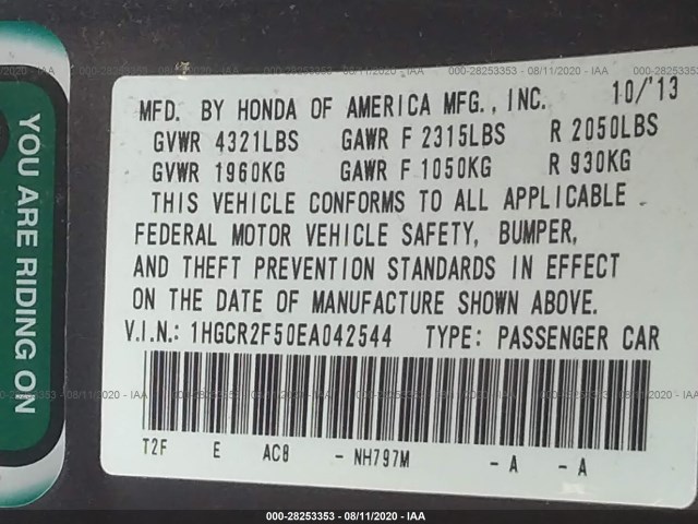 Photo 8 VIN: 1HGCR2F50EA042544 - HONDA ACCORD SEDAN 