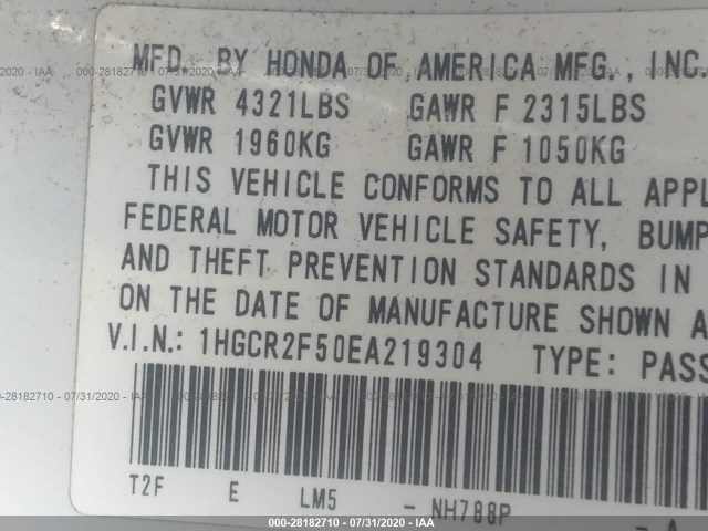 Photo 8 VIN: 1HGCR2F50EA219304 - HONDA ACCORD SEDAN 