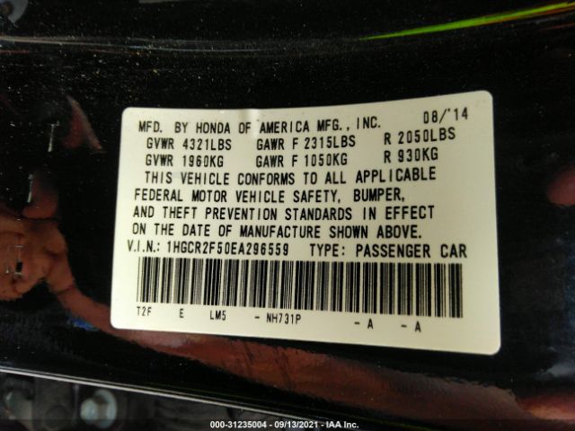 Photo 8 VIN: 1HGCR2F50EA296559 - HONDA ACCORD SEDAN 