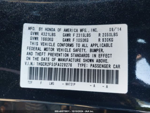 Photo 8 VIN: 1HGCR2F50FA029276 - HONDA ACCORD 