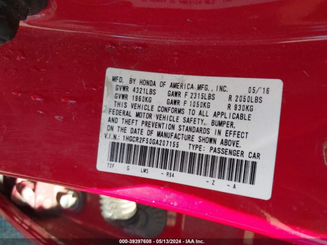 Photo 8 VIN: 1HGCR2F50GA207155 - HONDA ACCORD 