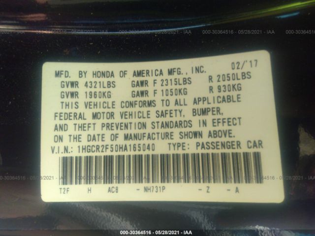 Photo 8 VIN: 1HGCR2F50HA165040 - HONDA ACCORD 