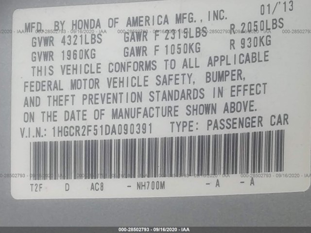 Photo 8 VIN: 1HGCR2F51DA090391 - HONDA ACCORD SDN 