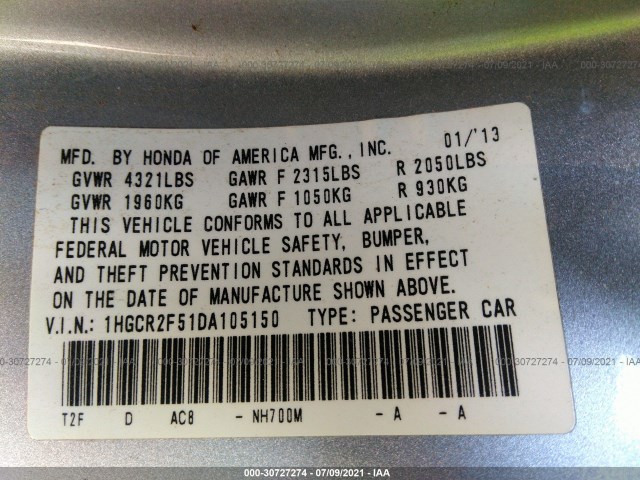 Photo 8 VIN: 1HGCR2F51DA105150 - HONDA ACCORD SDN 