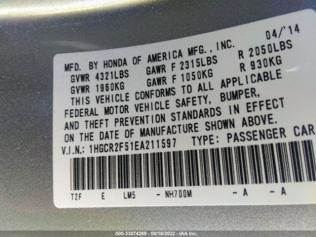 Photo 8 VIN: 1HGCR2F51EA211597 - HONDA ACCORD SEDAN 