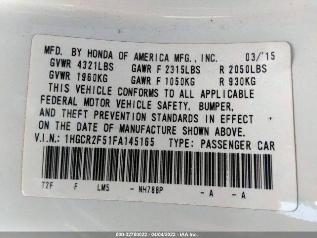 Photo 8 VIN: 1HGCR2F51FA145165 - HONDA ACCORD SEDAN 