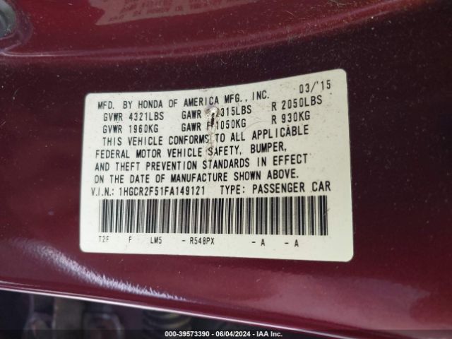 Photo 8 VIN: 1HGCR2F51FA149121 - HONDA ACCORD 