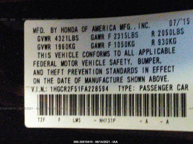 Photo 8 VIN: 1HGCR2F51FA228594 - HONDA ACCORD SEDAN 