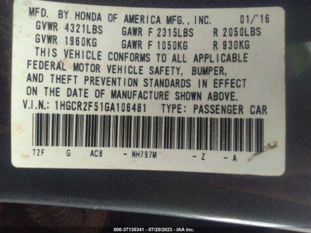 Photo 8 VIN: 1HGCR2F51GA106481 - HONDA ACCORD 