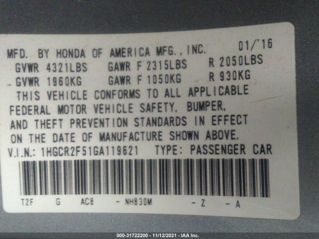 Photo 8 VIN: 1HGCR2F51GA119621 - HONDA ACCORD SEDAN 