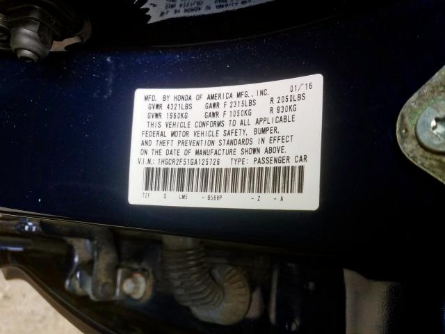 Photo 9 VIN: 1HGCR2F51GA125726 - HONDA ACCORD 