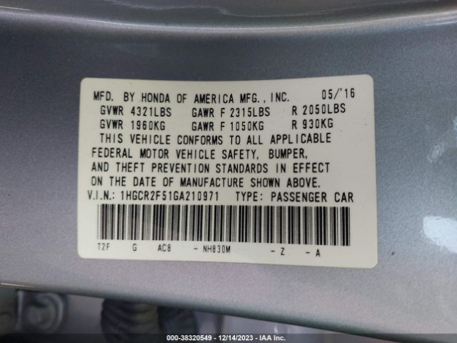 Photo 8 VIN: 1HGCR2F51GA210971 - HONDA ACCORD 