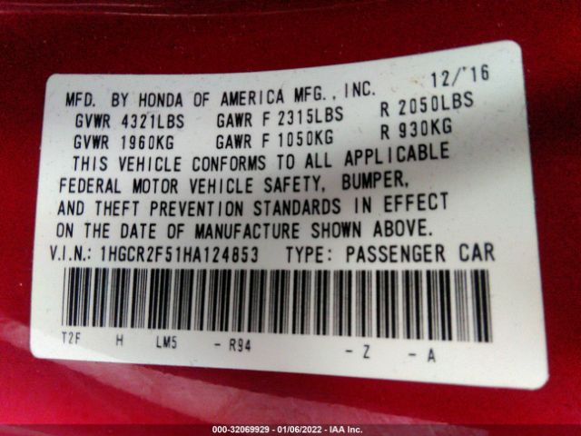 Photo 8 VIN: 1HGCR2F51HA124853 - HONDA ACCORD SEDAN 