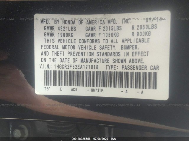 Photo 8 VIN: 1HGCR2F52EA121018 - HONDA ACCORD SEDAN 