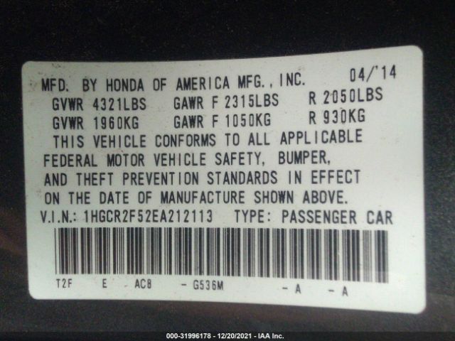 Photo 8 VIN: 1HGCR2F52EA212113 - HONDA ACCORD SEDAN 