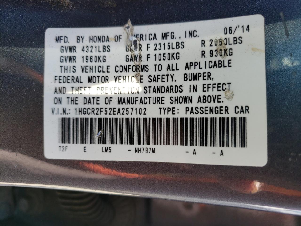 Photo 11 VIN: 1HGCR2F52EA257102 - HONDA ACCORD 