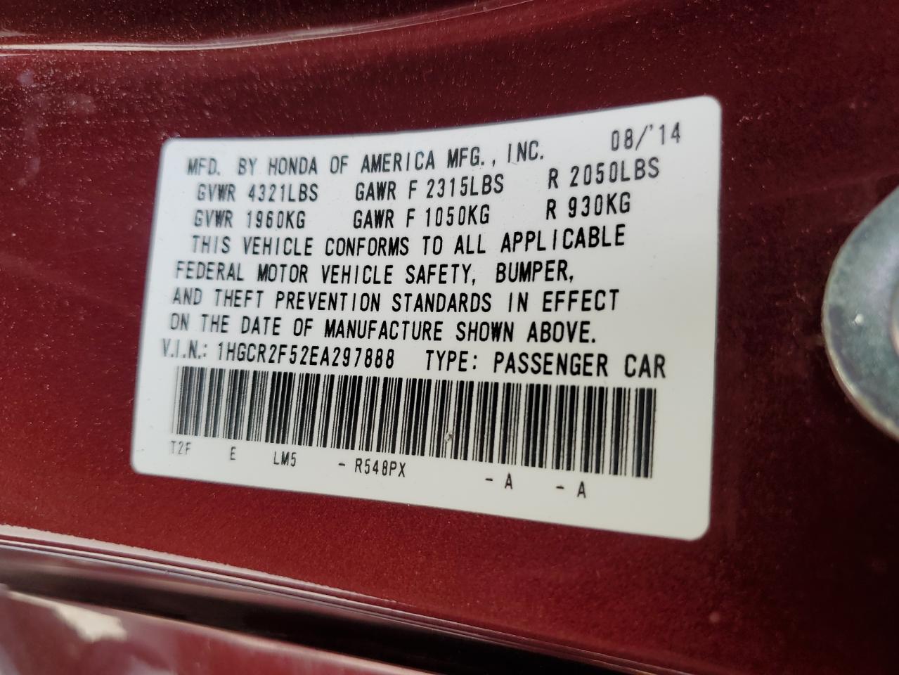 Photo 11 VIN: 1HGCR2F52EA297888 - HONDA ACCORD 