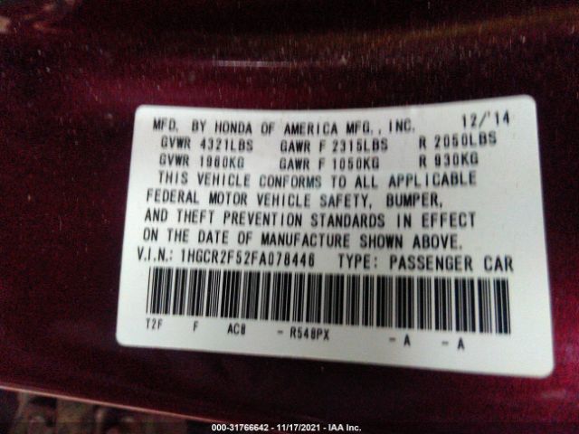 Photo 8 VIN: 1HGCR2F52FA078446 - HONDA ACCORD SEDAN 