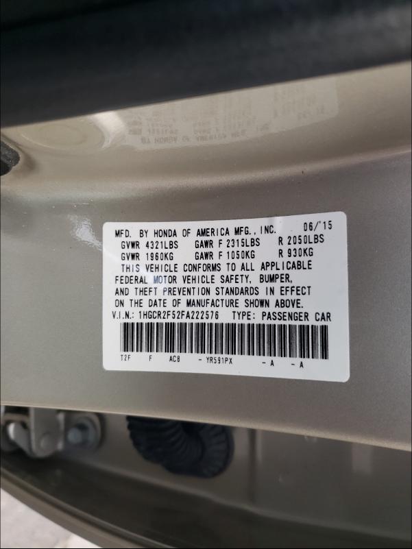 Photo 9 VIN: 1HGCR2F52FA222576 - HONDA ACCORD SPO 