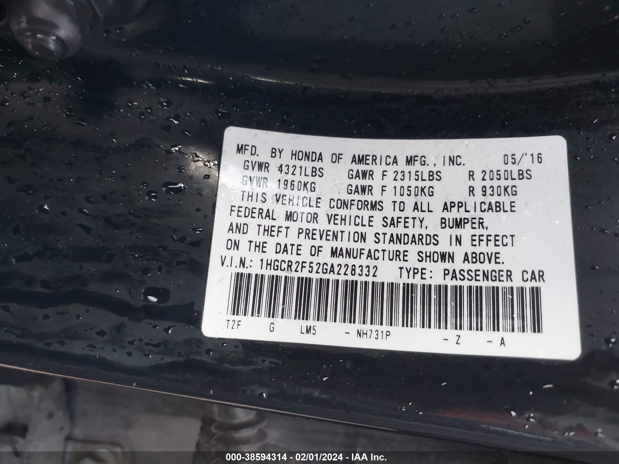 Photo 8 VIN: 1HGCR2F52GA228332 - HONDA ACCORD 