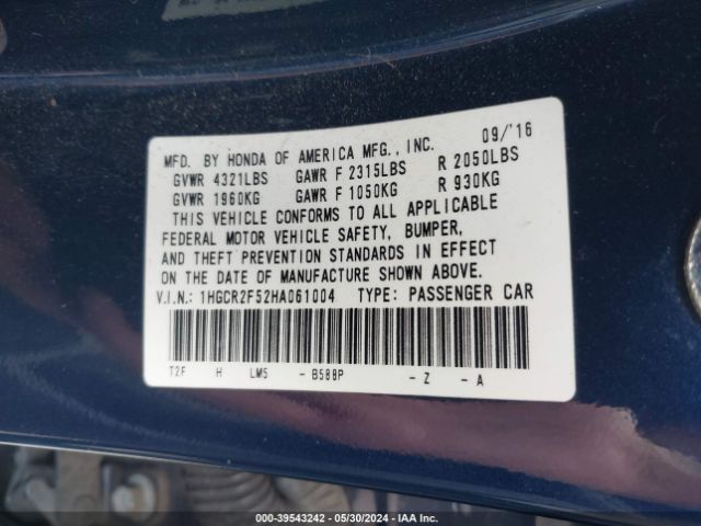 Photo 8 VIN: 1HGCR2F52HA061004 - HONDA ACCORD 