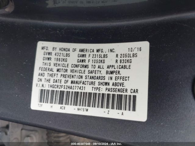 Photo 8 VIN: 1HGCR2F52HA077431 - HONDA ACCORD 