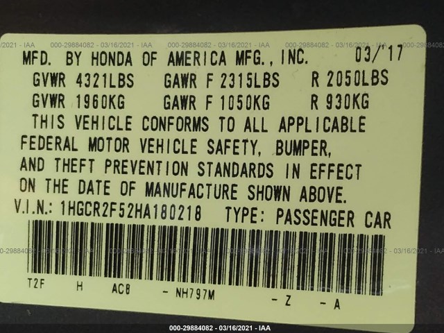 Photo 8 VIN: 1HGCR2F52HA180218 - HONDA ACCORD SEDAN 