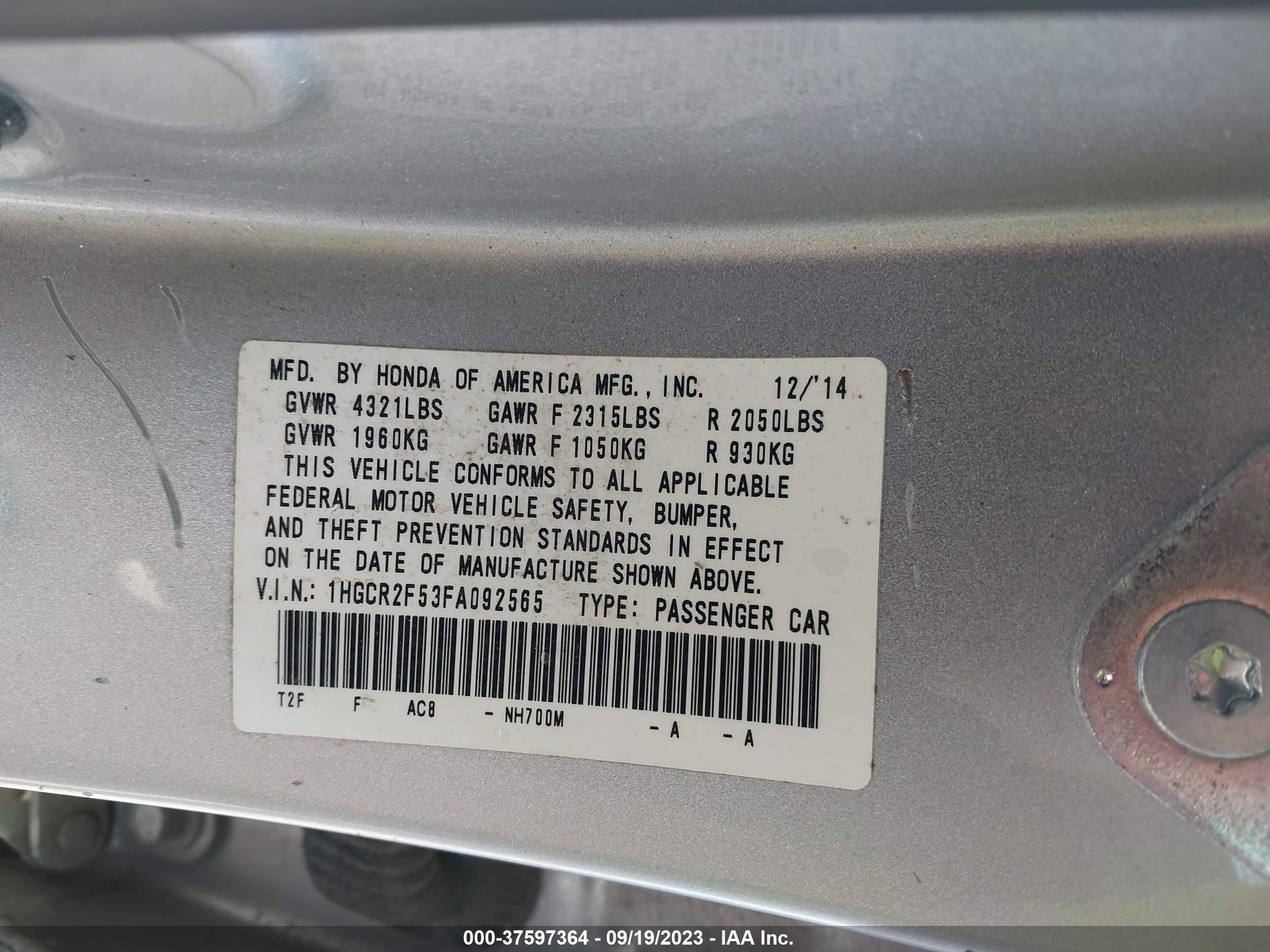 Photo 8 VIN: 1HGCR2F53FA092565 - HONDA ACCORD 