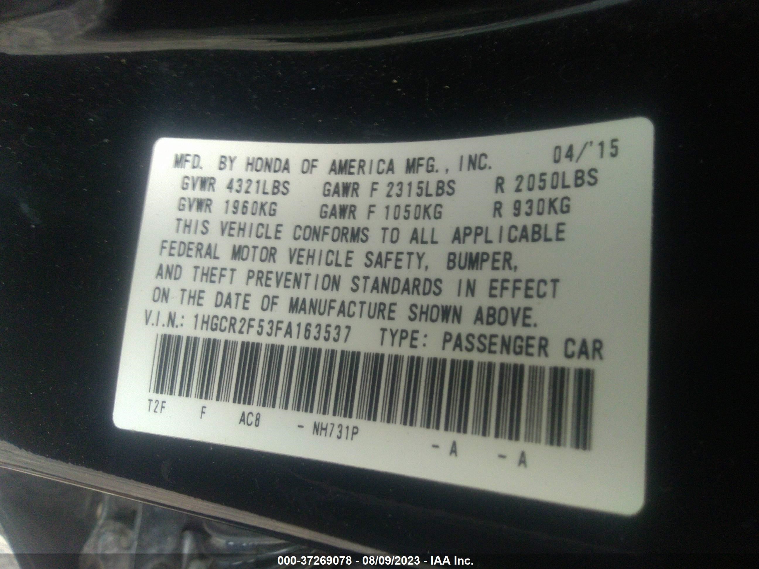 Photo 8 VIN: 1HGCR2F53FA163537 - HONDA ACCORD 